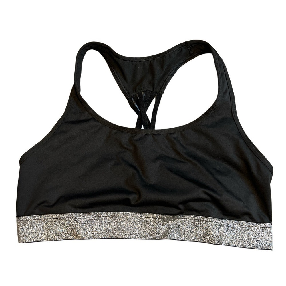 VSX sport bra victoria's secret strappy black & silver Womens Large